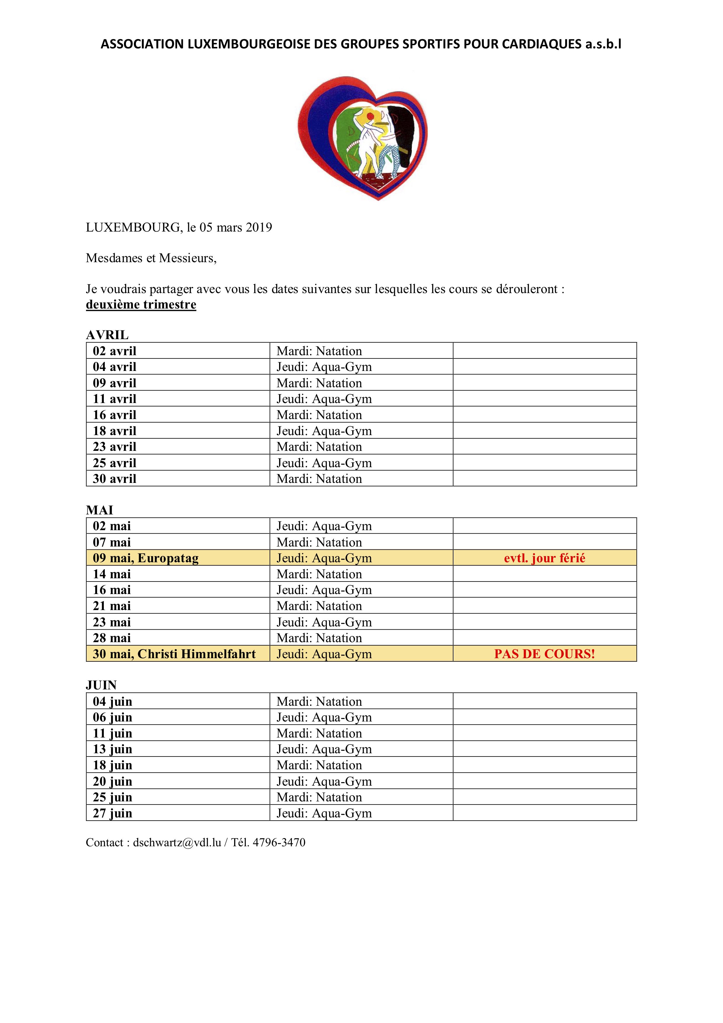 Natation Aquagym 2019 avril. - juin