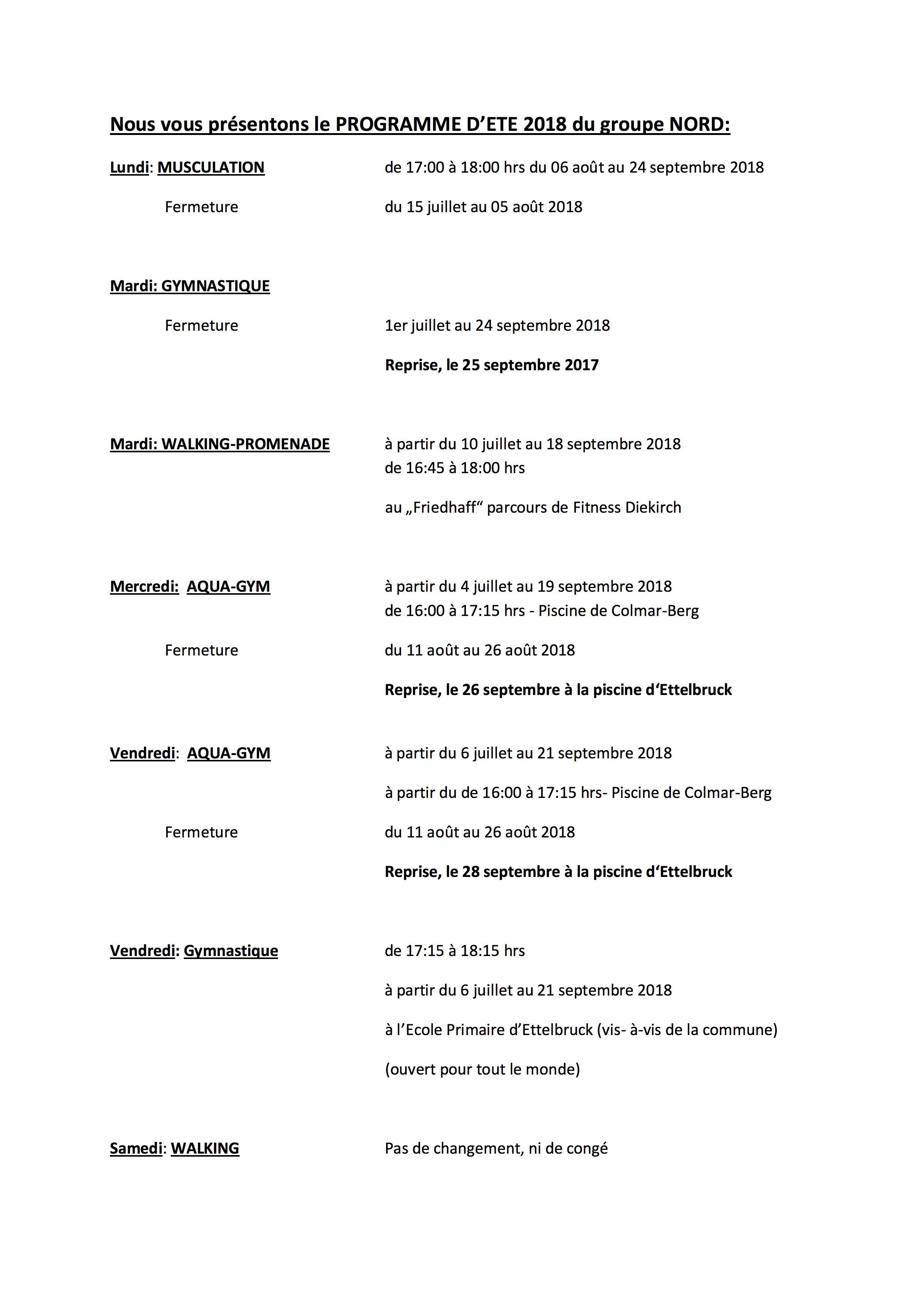 PROGRAMME ETE NORD 2018